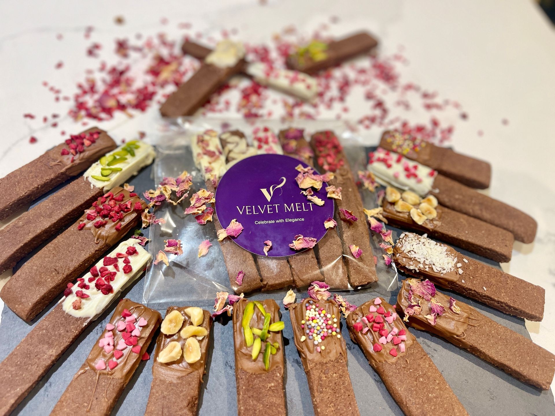 Organic almond chocolate vanilla cookie sticks. 10 per pack. GF and nuts free are available.